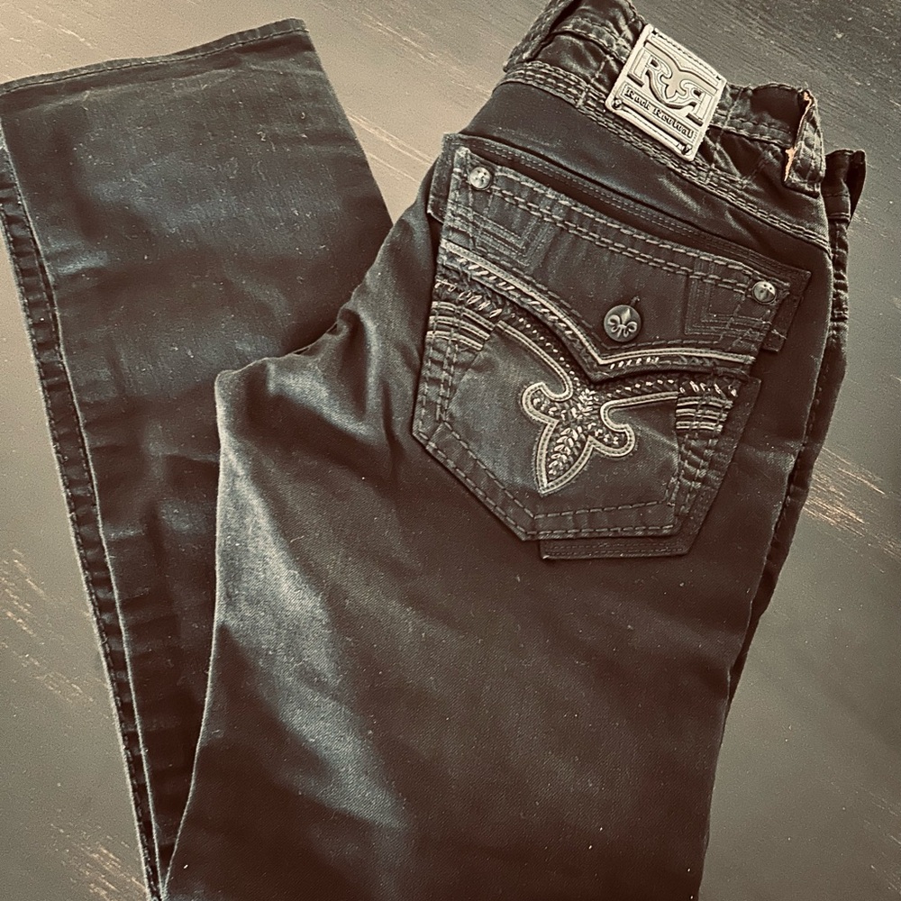 Rock Revival Black Jeans with Black Embroidery Interior on pockets